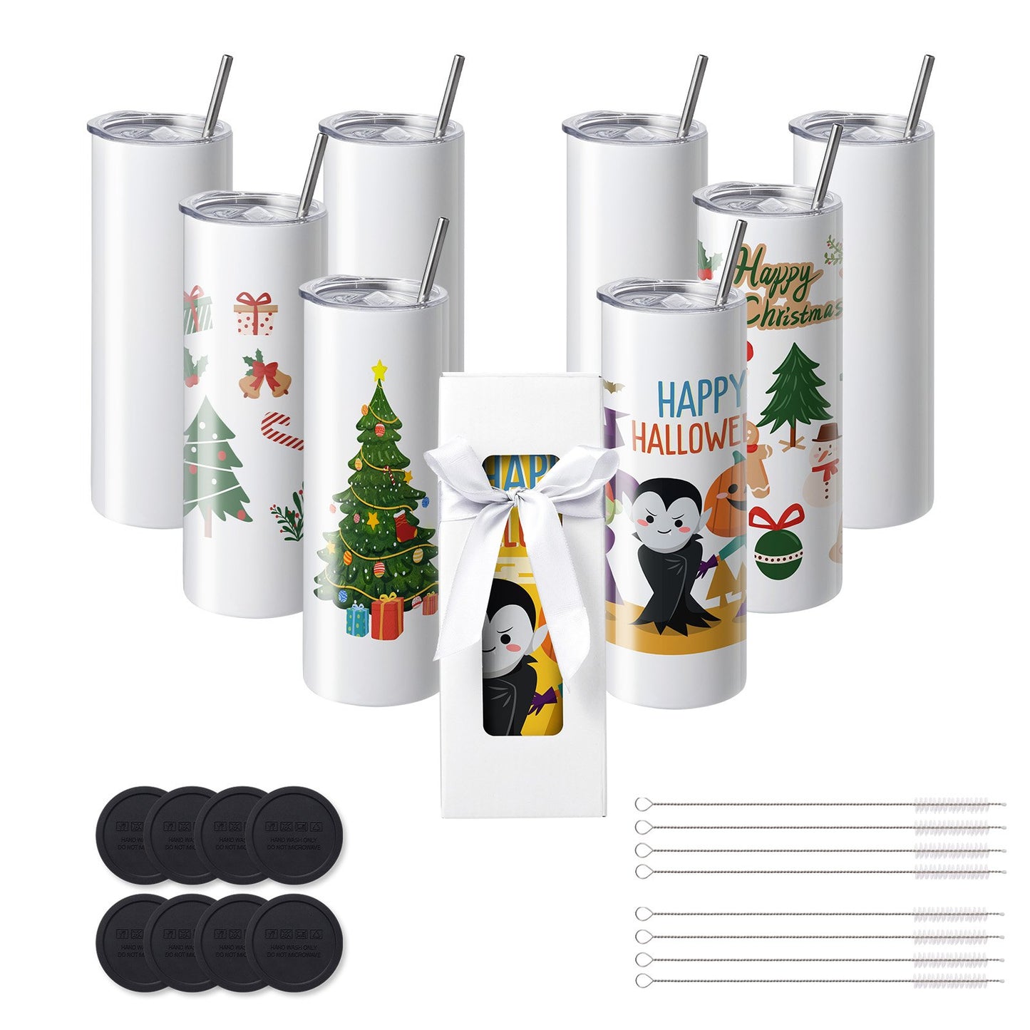 8er-Pack gerade Sublimationsbecher, 591,5 ml, Blankobecher, Großpackung, doppelwandiger Edelstahlbecher mit Strohhalm, Deckel, Bürste, Boden, Schrumpffolie, Geschenkbox, für Wärmepresse und Wärmeübertragung