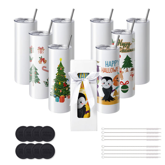 8er-Pack gerade Sublimationsbecher, 591,5 ml, Blankobecher, Großpackung, doppelwandiger Edelstahlbecher mit Strohhalm, Deckel, Bürste, Boden, Schrumpffolie, Geschenkbox, für Wärmepresse und Wärmeübertragung