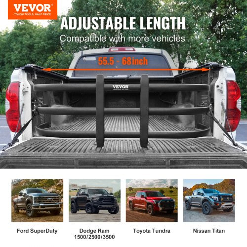 Truck Bed Extender, retractable tailgate extender in aluminum, 55.5"-68", Fits Ford Super Duty, F150, Dodge Ram 1500/2500/3500, Toyota Tundra, Nissan Titan, Chevrolet Silverado, GMC Sierra | EU