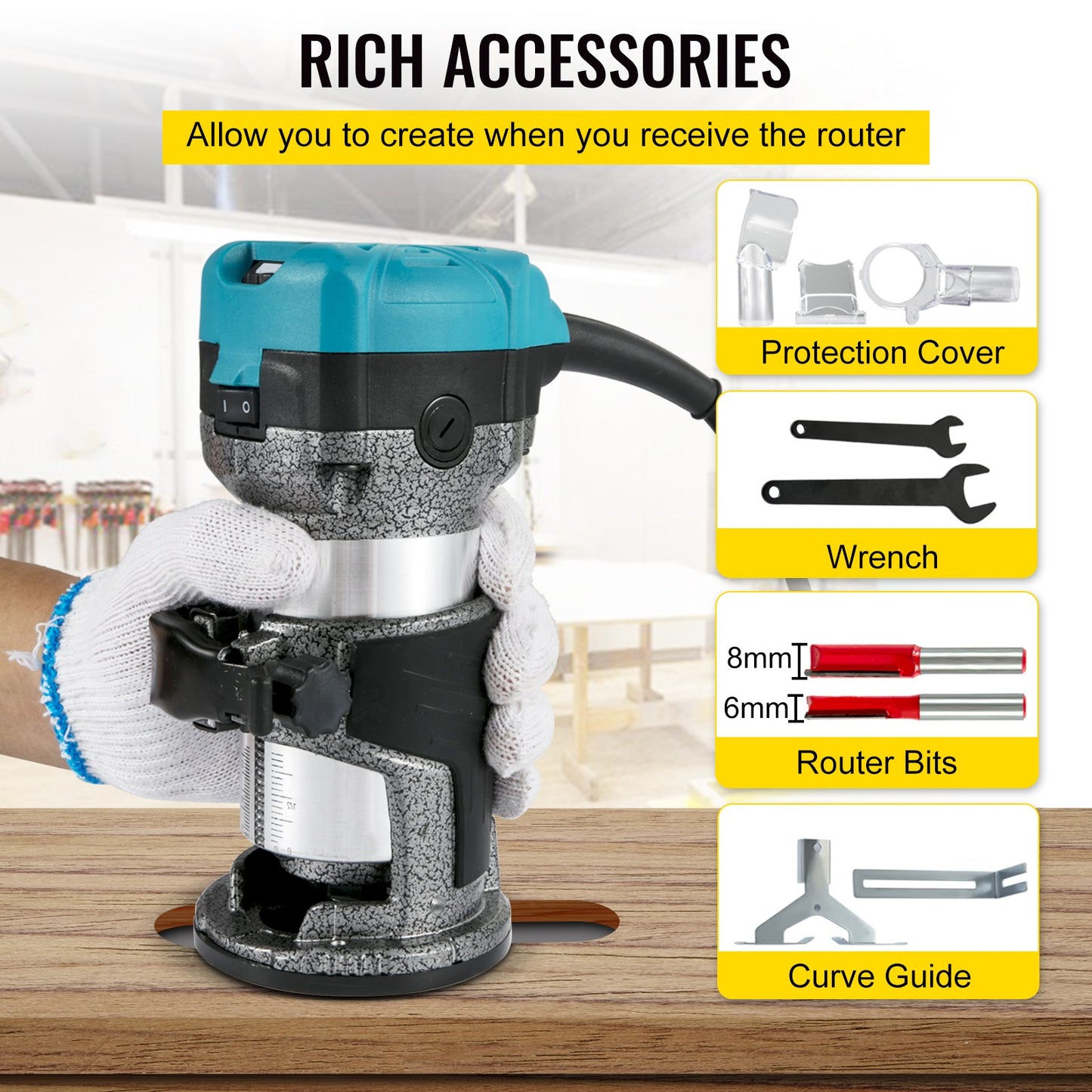 Överfräsverktyg, 710W träöverfräs, överfräs för träbearbetning med 3 fräshylsor, träöverfräsverktyg med fast & nedsänknings- & tiltbas, träbearbetningsfräs med aluminiumskal & 13000-33000 r/min rotationshastighet