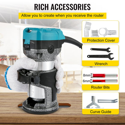 Överfräsverktyg, 710W träöverfräs, överfräs för träbearbetning med 3 fräshylsor, träöverfräsverktyg med fast & nedsänknings- & tiltbas, träbearbetningsfräs med aluminiumskal & 13000-33000 r/min rotationshastighet