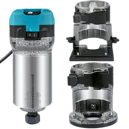 Överfräsverktyg, 710W träöverfräs, överfräs för träbearbetning med 3 fräshylsor, träöverfräsverktyg med fast & nedsänknings- & tiltbas, träbearbetningsfräs med aluminiumskal & 13000-33000 r/min rotationshastighet