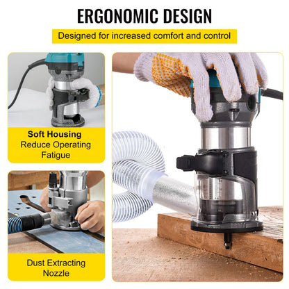 Router tool, 710W wood router, router for woodworking with three milling sleeves, wood milling tool with fixed base, woodworking router with aluminum shell and 13000 - 33000 rpm rotation speed