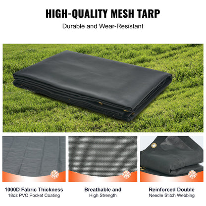 Dump Truck Mesh Tarp, 8 x 18 ft, PVC-belagd svart kraftigt skydd med 5,5" 18 oz dubbelficka, mässingshylsor, förstärkt dubbelnålssömsväv passar manuellt eller elektriskt dumpersystem
