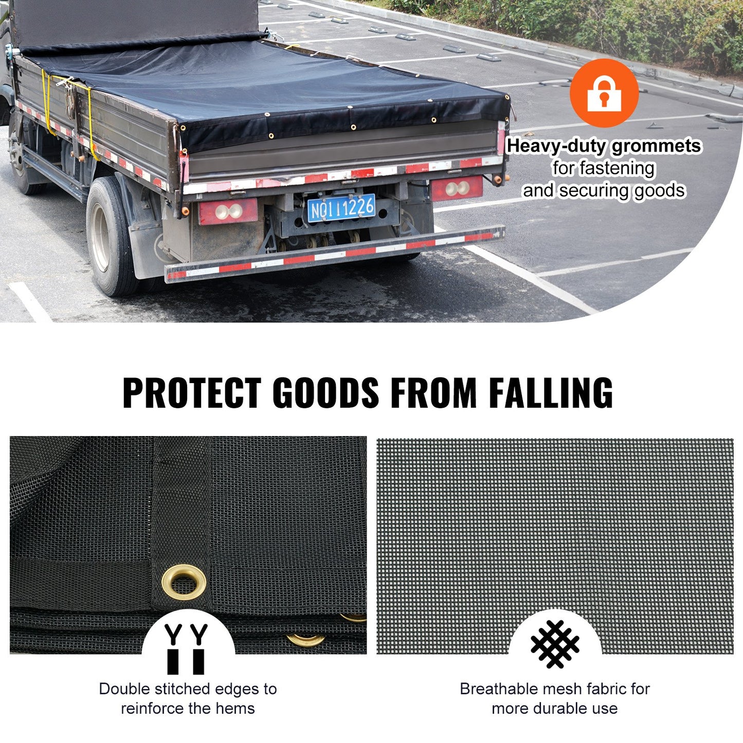Dump Truck Mesh Tarp, 8 x 18 ft, PVC-belagd svart kraftigt skydd med 5,5" 18 oz dubbelficka, mässingshylsor, förstärkt dubbelnålssömsväv passar manuellt eller elektriskt dumpersystem