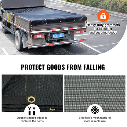 Dump Truck Mesh Tarp, 8 x 18 ft, PVC-belagd svart kraftigt skydd med 5,5" 18 oz dubbelficka, mässingshylsor, förstärkt dubbelnålssömsväv passar manuellt eller elektriskt dumpersystem