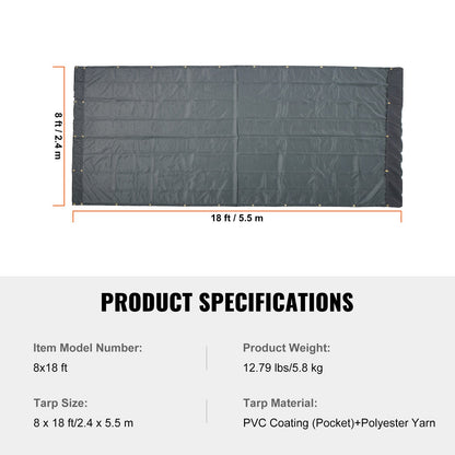 Dump Truck Mesh Tarp, 8 x 18 ft, PVC-belagd svart kraftigt skydd med 5,5" 18 oz dubbelficka, mässingshylsor, förstärkt dubbelnålssömsväv passar manuellt eller elektriskt dumpersystem