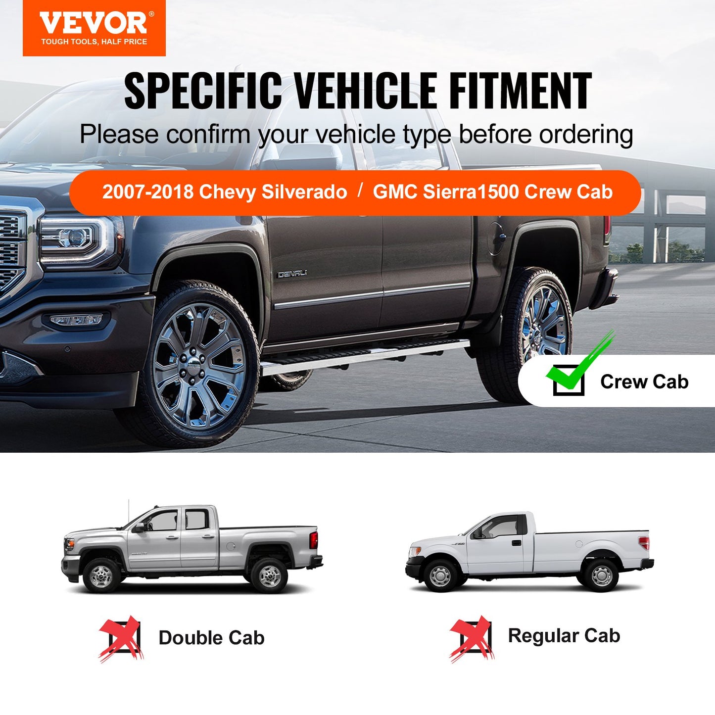 Löpbrädor, 6" stegstänger kompatibla med 2007-2018 Chevy Silverado/GMC Sierra 1500 Crew Cab/2019 2500HD 3500HD 1500 LD, 201 sidosteg i rostfritt stål Nerf-stänger, 500LBS kapacitet, 2 st.