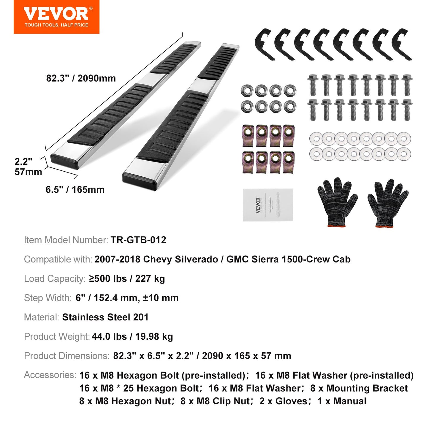 Löpbrädor, 6" stegstänger kompatibla med 2007-2018 Chevy Silverado/GMC Sierra 1500 Crew Cab/2019 2500HD 3500HD 1500 LD, 201 sidosteg i rostfritt stål Nerf-stänger, 500LBS kapacitet, 2 st.