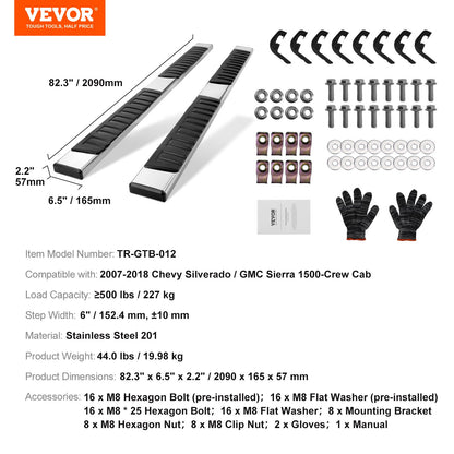 Löpbrädor, 6" stegstänger kompatibla med 2007-2018 Chevy Silverado/GMC Sierra 1500 Crew Cab/2019 2500HD 3500HD 1500 LD, 201 sidosteg i rostfritt stål Nerf-stänger, 500LBS kapacitet, 2 st.