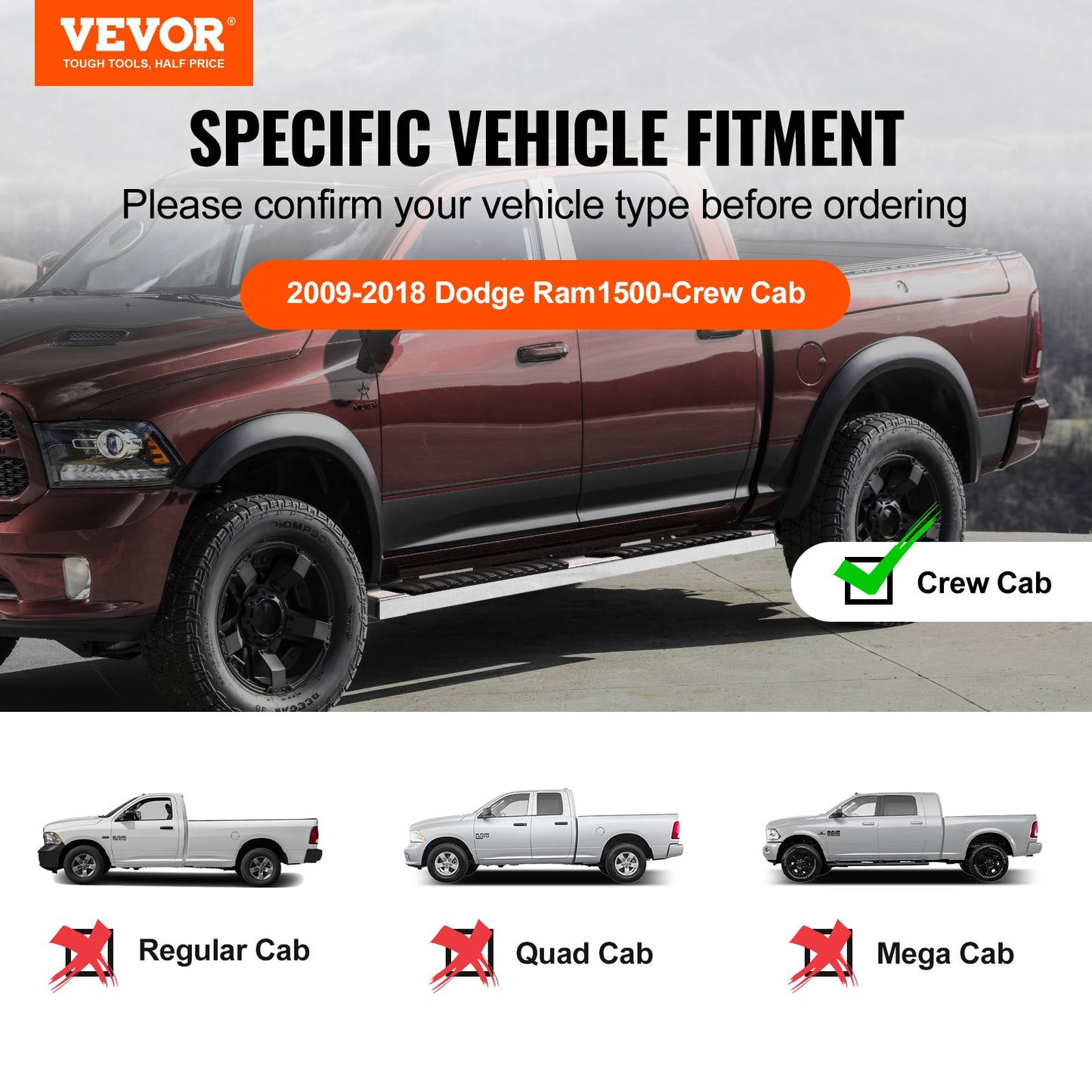 Löpbrädor, 6" stegstänger kompatibla med 2009-2018 Dodge Ram 1500/2010-2023 Ram 2500/3500 (Inkluderar 2019-2023 Classic) Crew Cab, 201 rostfria sidosteg, 500 PCLS