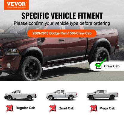 Löpbrädor, 6" stegstänger kompatibla med 2009-2018 Dodge Ram 1500/2010-2023 Ram 2500/3500 (Inkluderar 2019-2023 Classic) Crew Cab, 201 rostfria sidosteg, 500 PCLS