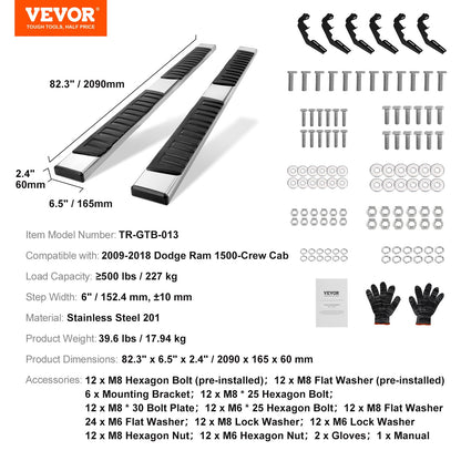 Löpbrädor, 6" stegstänger kompatibla med 2009-2018 Dodge Ram 1500/2010-2023 Ram 2500/3500 (Inkluderar 2019-2023 Classic) Crew Cab, 201 rostfria sidosteg, 500 PCLS