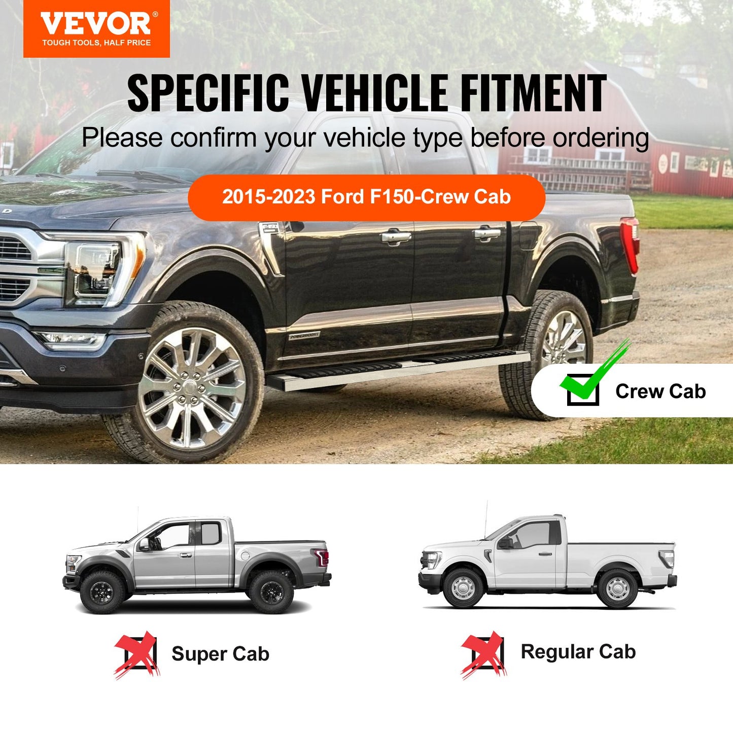 Löpbrädor, 6" stegstänger kompatibla med 2015-2023 Ford F150-Crew Cab/2017-2023 Ford F-250 F-350 Super Duty Crew Cab, 201 rostfria sidosteg Nerf-stänger, 500 LBS kapacitet, 2 delar