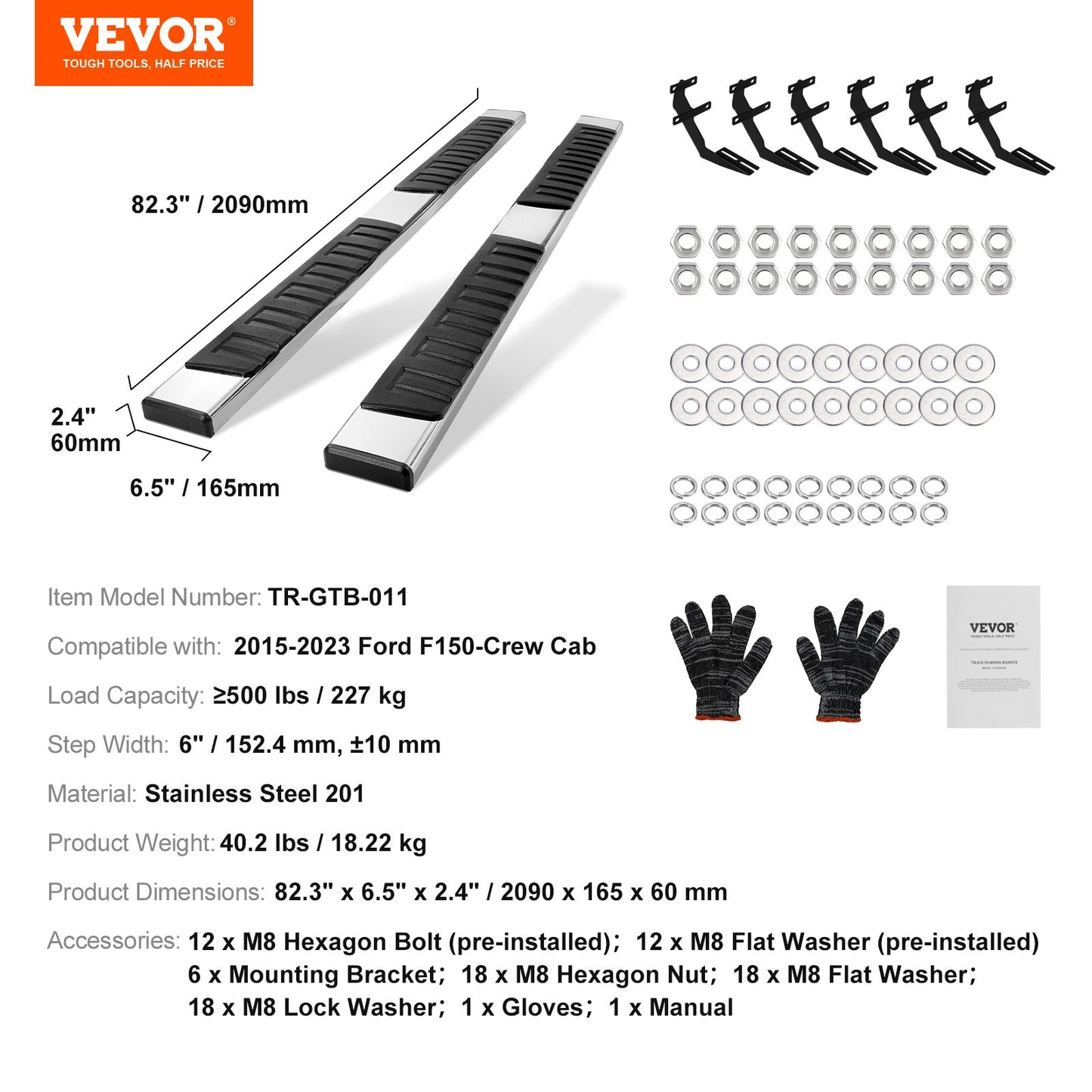 Löpbrädor, 6" stegstänger kompatibla med 2015-2023 Ford F150-Crew Cab/2017-2023 Ford F-250 F-350 Super Duty Crew Cab, 201 rostfria sidosteg Nerf-stänger, 500 LBS kapacitet, 2 delar