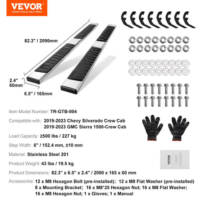 Löpbrädor, 6" stegstänger kompatibla med 2019-2023 Chevy Silverado/GMC Sierra 1500/2020-2024 Silverado/Sierra 2500/3500HD Crew Cab, 201 rostfria sidosteg Nerf-stänger, 2 stycken, 500 LBS