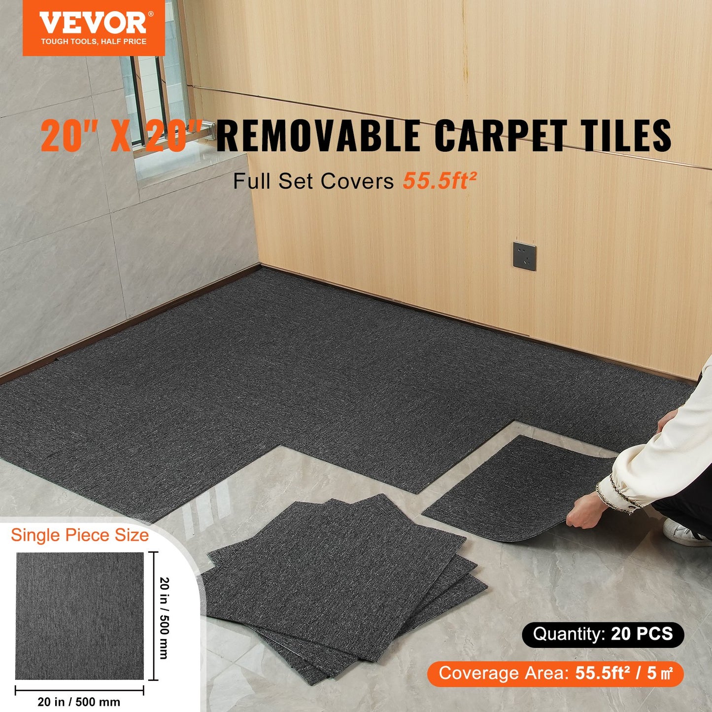 Rug Tiles Reusable, 20" x 20" Rug Tiles with Padding Attached, Soft Padded Rug Tiles, Easy Install DIY for Bedroom Living Room Indoor Outdoor (20 Tiles, Dark Gray)