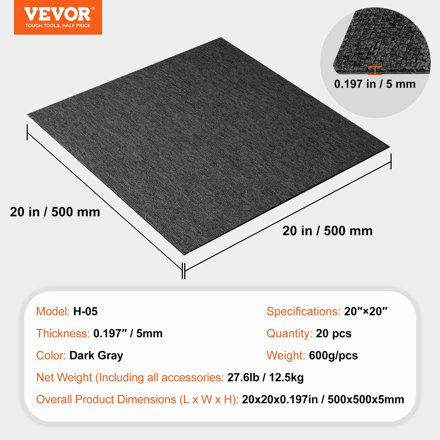 Rug Tiles Reusable, 20" x 20" Rug Tiles with Padding Attached, Soft Padded Rug Tiles, Easy Install DIY for Bedroom Living Room Indoor Outdoor (20 Tiles, Dark Gray)