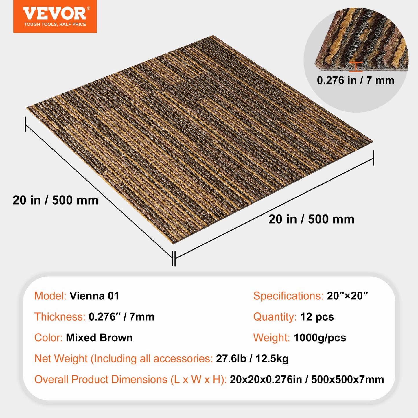 Carpet Tiles Reusable, 20" x 20" Carpet Tiles with Padding Attached, Soft Padded Carpet Tiles, Easy Install DIY for Living Room Bedroom (12 Tiles, Mixed Brown)