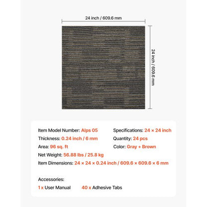 Mattplattor Återanvändbara 610x610 mm, 24 ST Modulär Matta Fyrkantig Matta, Kommersiell Golv Mjuk Vaddering För Sömlöst Överdrag 8,9㎡, Enkelt Gör-det-själv-Ersättning För Vardagsrum Sovrum Inomhus, Grå & Brun |  EU