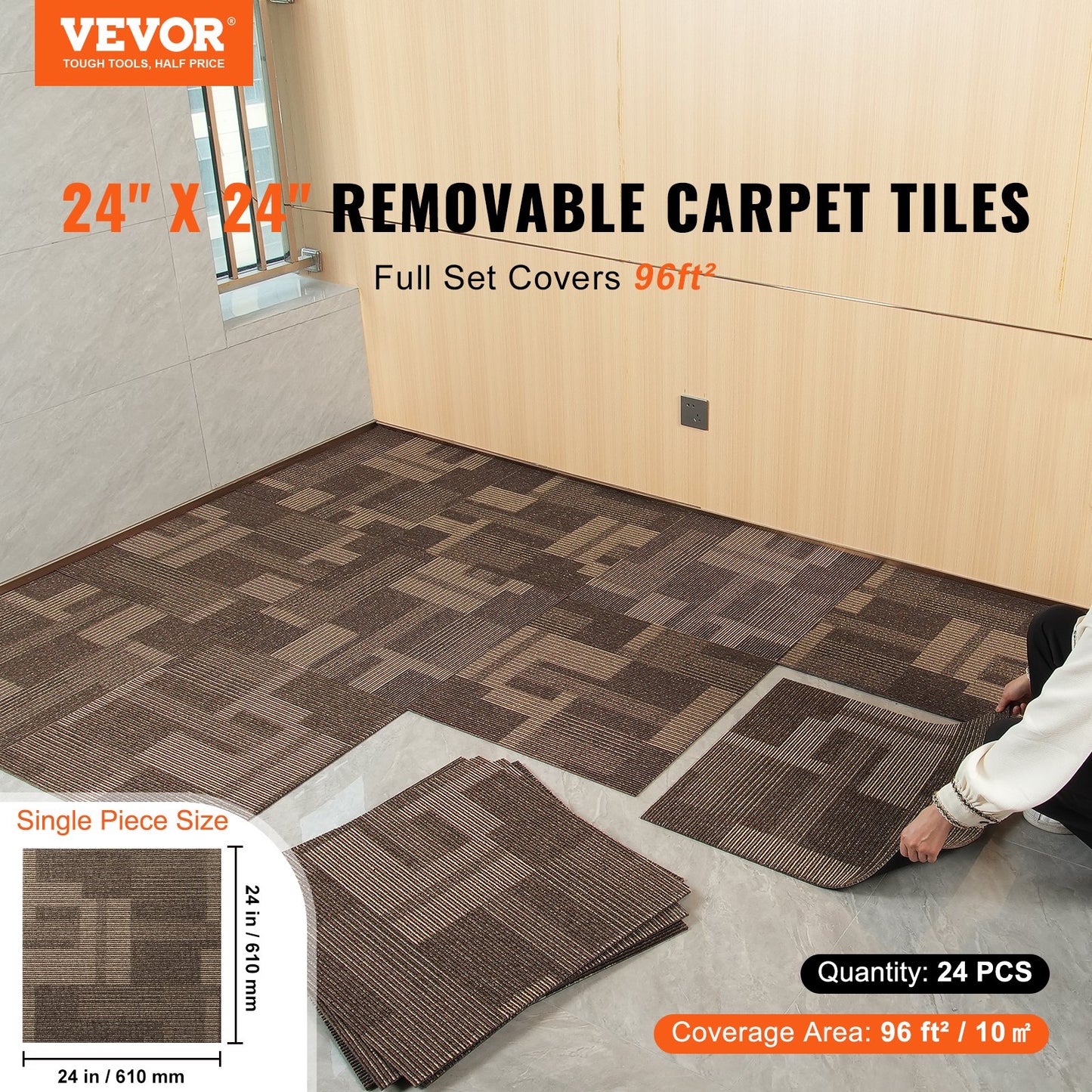 Carpet Tiles Reusable, 24" x 24" Carpet Tiles with Padding Attached, Soft Padded Carpet Tiles, Easy Install DIY for Living Room Bedroom (24 Tiles, Mixed Brown)