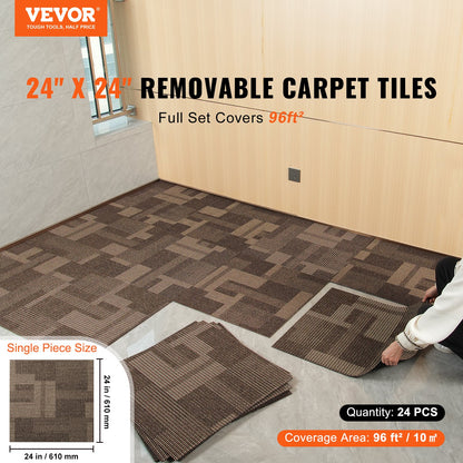 Carpet Tiles Reusable, 24" x 24" Carpet Tiles with Padding Attached, Soft Padded Carpet Tiles, Easy Install DIY for Living Room Bedroom (24 Tiles, Mixed Brown)