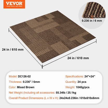 Carpet Tiles Reusable, 24" x 24" Carpet Tiles with Padding Attached, Soft Padded Carpet Tiles, Easy Install DIY for Living Room Bedroom (24 Tiles, Mixed Brown)