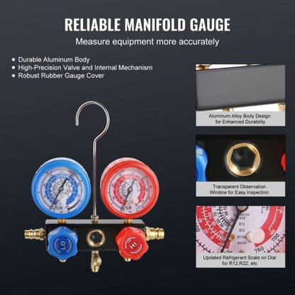 1/5 PS 3,5 CFM AC-Vakuumpumpe und Manometer, einstufige Drehschieber-HVAC-Luftvakuumpumpe, A/C-Kältemittel-Kit, Verteilermanometer, mit dreifarbigem Schlauch, Tragetasche, anwendbar auf R134a, R410a | EU