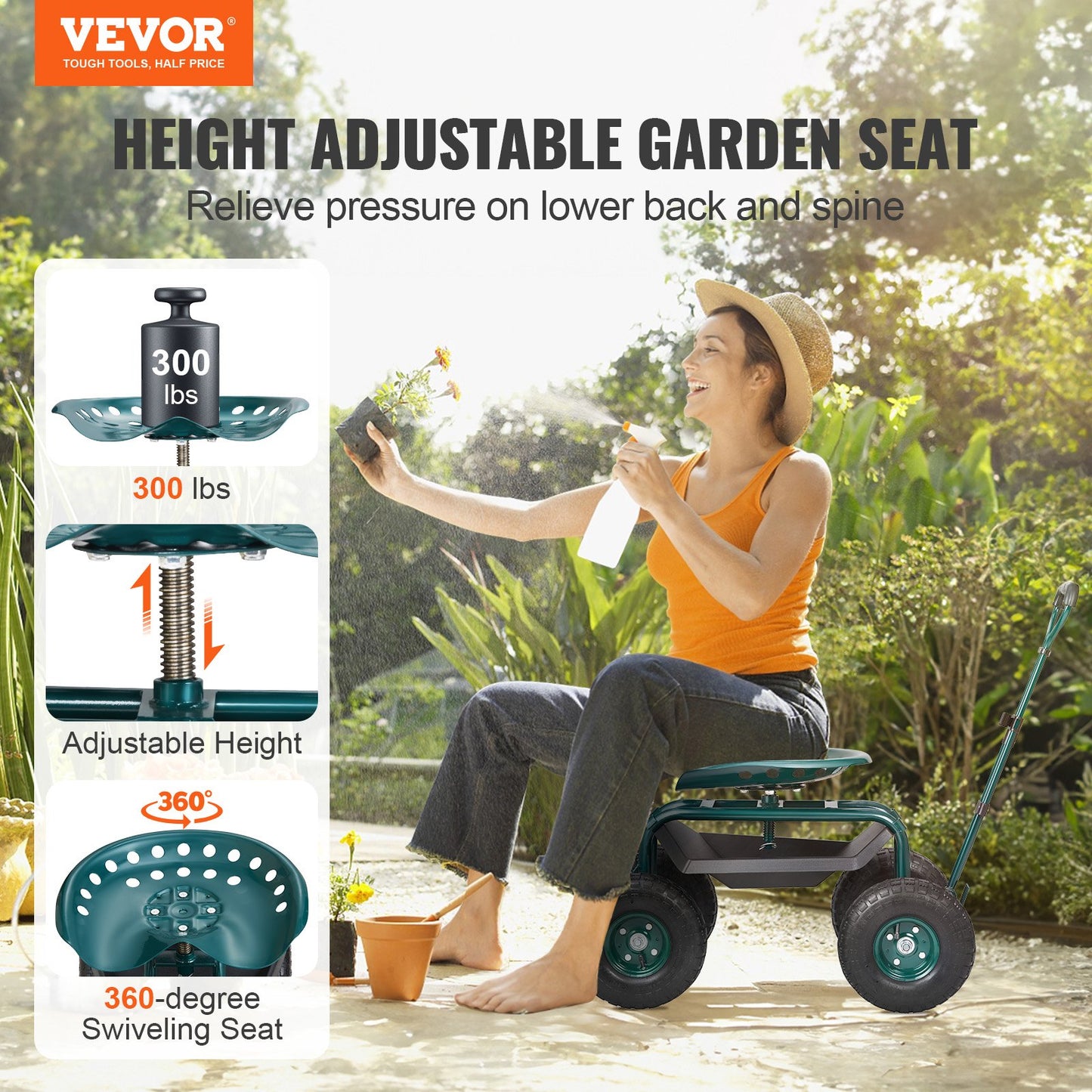 Garden Cart Rolling Work Seat with Wheels, Garden Stool for Planting, 360 Degree Swivel Seat, Cart Scooter with Steering Handle and Tool Tray, Used for Patio, Garden and Outdoors, Green