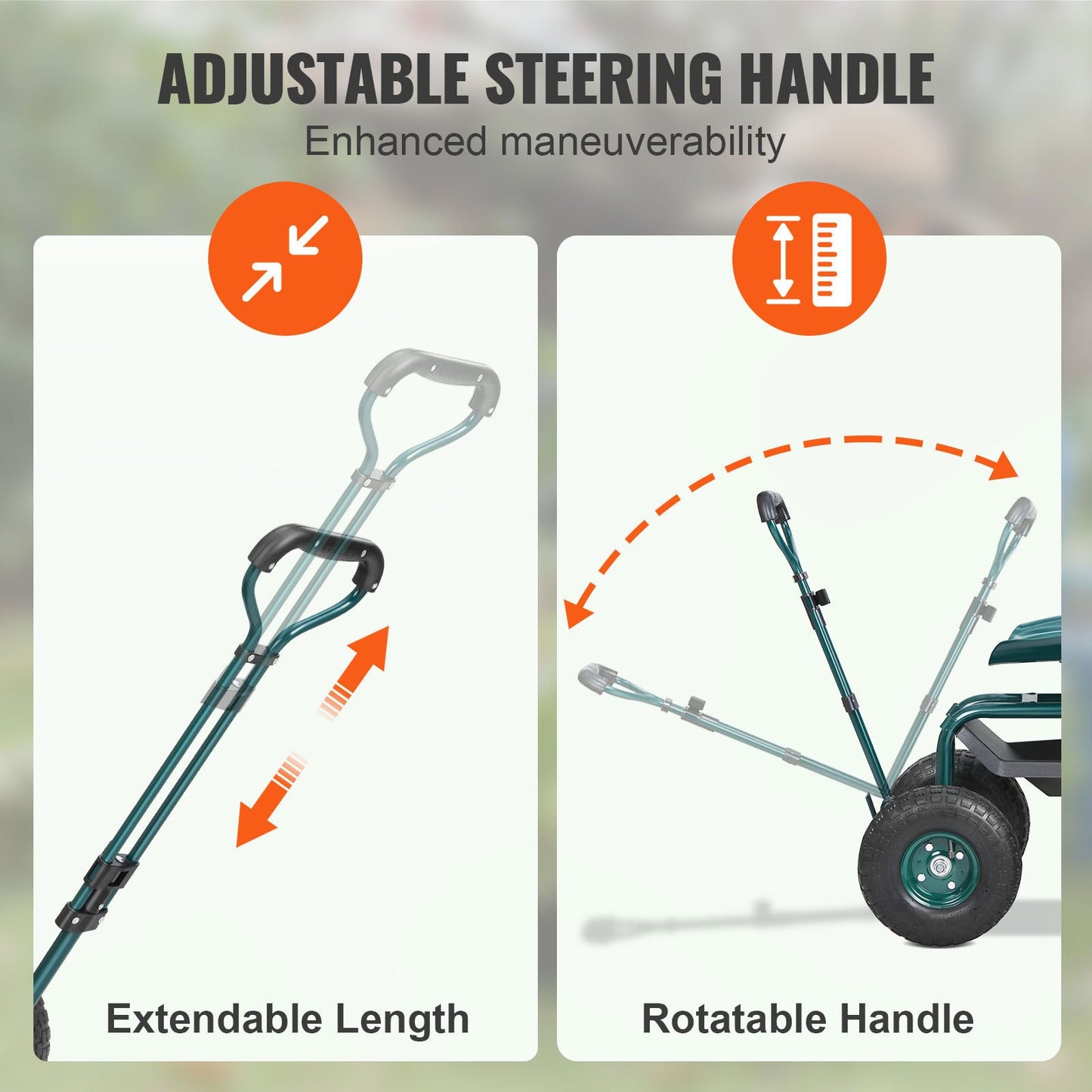Garden Cart Rolling Work Seat with Wheels, Garden Stool for Planting, 360 Degree Swivel Seat, Cart Scooter with Steering Handle and Tool Tray, Used for Patio, Garden and Outdoors, Green