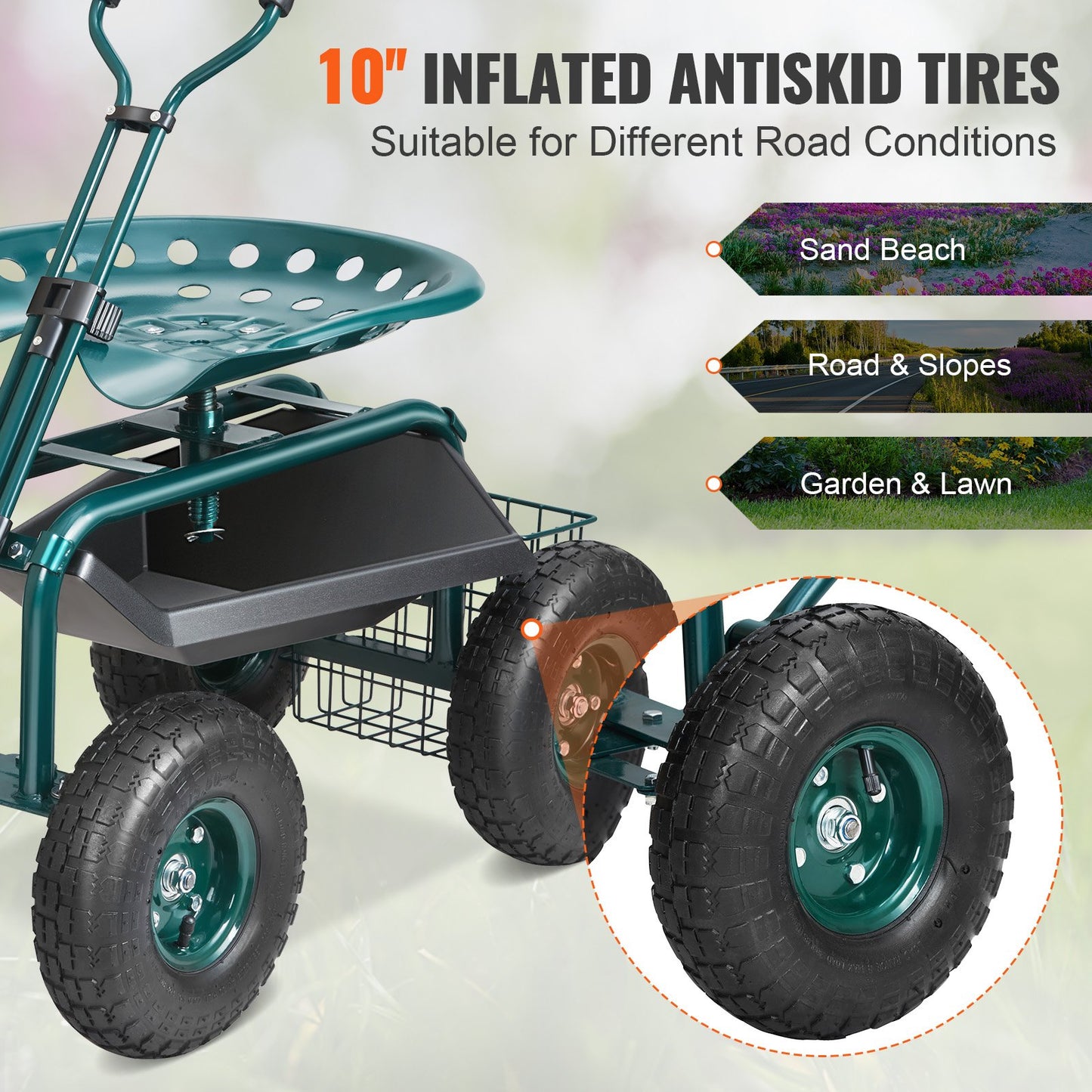 Garden Cart Rolling Work Seat with Wheels, Garden Stool for Planting, 360 Degree Swivel Seat, Cart Scooter with Steering Handle and Tool Tray, Used for Patio, Garden and Outdoors, Green