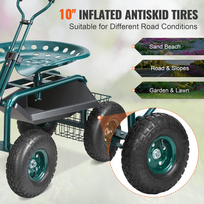 Garden Cart Rolling Work Seat with Wheels, Garden Stool for Planting, 360 Degree Swivel Seat, Cart Scooter with Steering Handle and Tool Tray, Used for Patio, Garden and Outdoors, Green