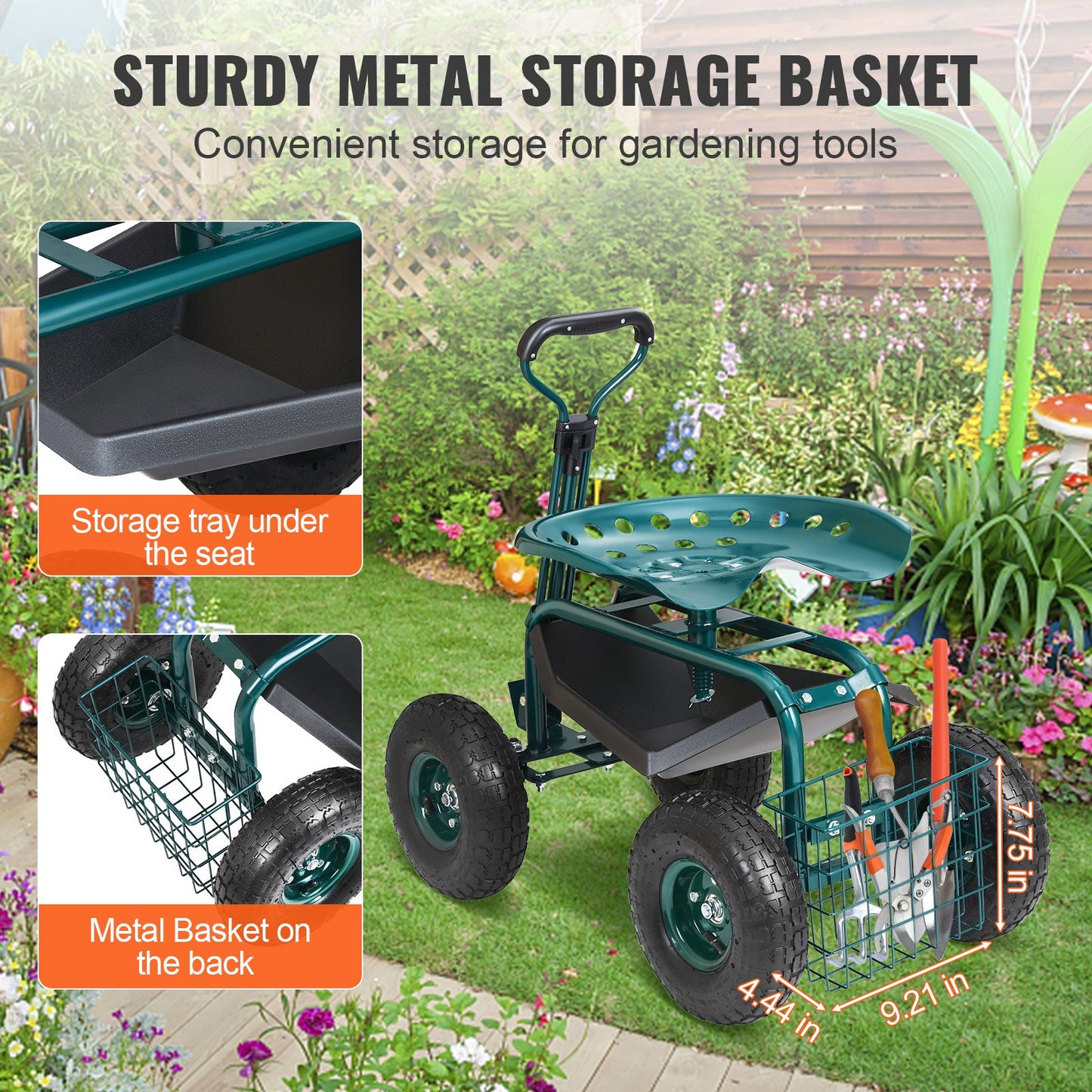 Garden Cart Rolling Work Seat with Wheels, Garden Stool for Planting, 360 Degree Swivel Seat, Cart Scooter with Steering Handle and Tool Tray, Used for Patio, Garden and Outdoors, Green