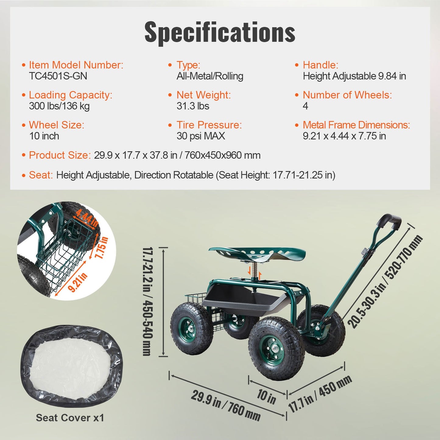 Garden Cart Rolling Work Seat with Wheels, Garden Stool for Planting, 360 Degree Swivel Seat, Cart Scooter with Steering Handle and Tool Tray, Used for Patio, Garden and Outdoors, Green