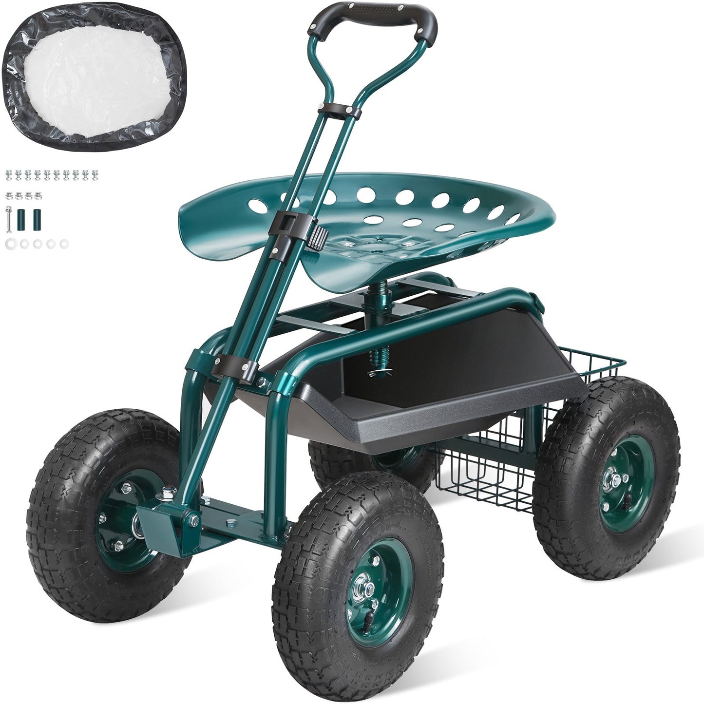 Garden Cart Rolling Work Seat with Wheels, Garden Stool for Planting, 360 Degree Swivel Seat, Cart Scooter with Steering Handle and Tool Tray, Used for Patio, Garden and Outdoors, Green