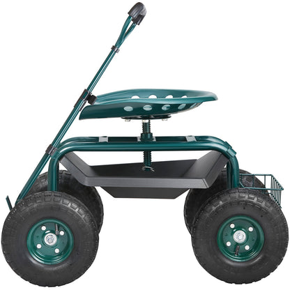 Garden Cart Rolling Work Seat with Wheels, Garden Stool for Planting, 360 Degree Swivel Seat, Cart Scooter with Steering Handle and Tool Tray, Used for Patio, Garden and Outdoors, Green