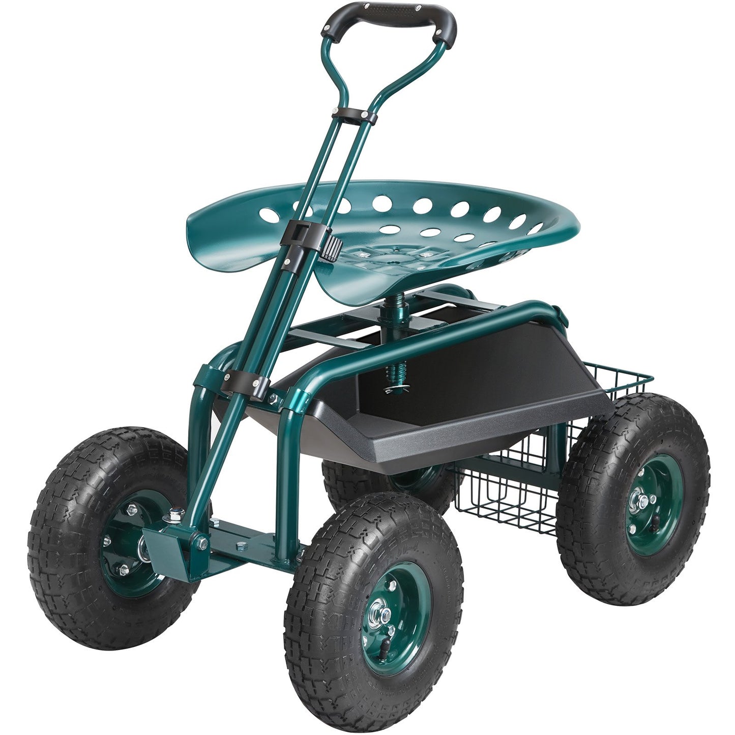 Garden Cart Rolling Work Seat with Wheels, Garden Stool for Planting, 360 Degree Swivel Seat, Cart Scooter with Steering Handle and Tool Tray, Used for Patio, Garden and Outdoors, Green
