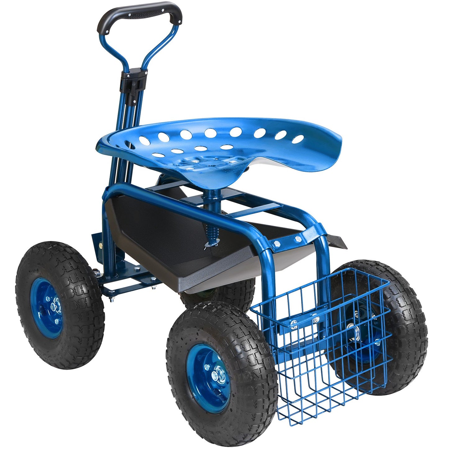 Trädgårdsvagn Rullande arbetssäte med hjul, Trädgårdspall för plantering, 360 graders vridbar sits, Vagnsparkcykel med styrhandtag och verktygsbricka, Används för uteplats, trädgård och utomhus, Blå