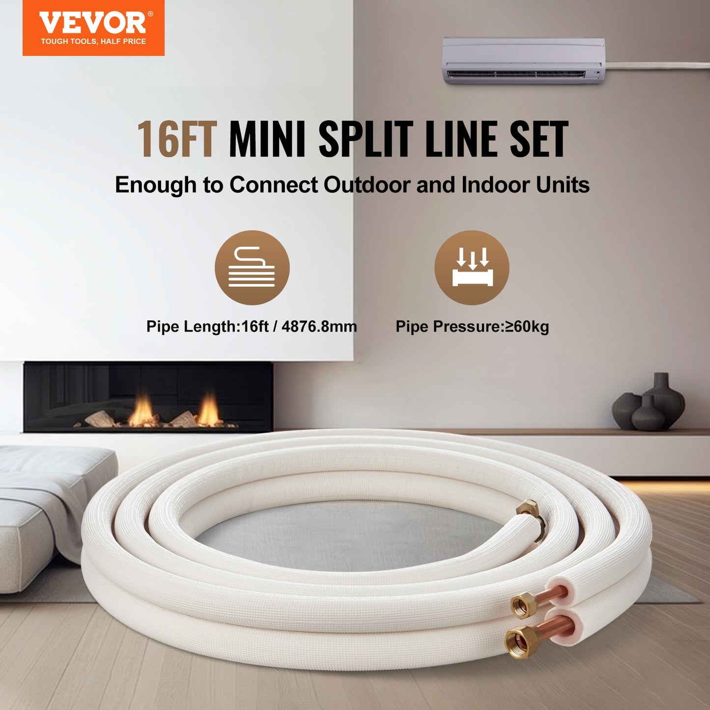 Mini Split Line Set 9,5x15,9 x4876,8mm Kopparslang AC med anslutningskabel