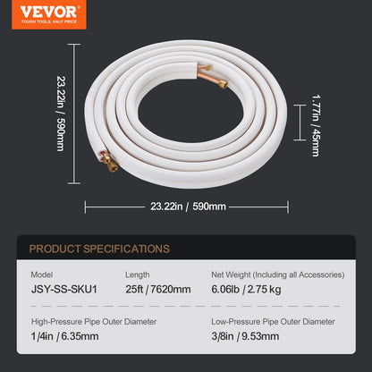 7620mm Mini Split Line Set, 6.4 &amp; 9.5mm OD Copper Pipe and Triple Layer Insulation, for Mini Split Air Conditioning Refrigerant or Heat Pump Equipment &amp; HVAC with Wrapping Strips.