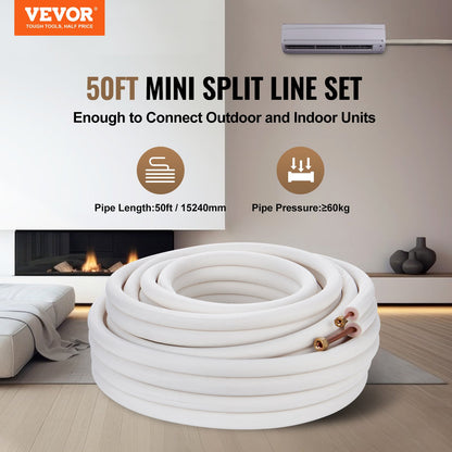 15240mm Mini Split Line Set, 6.4 &amp; 9.5mm OD Copper Pipe and Triple Layer Insulation, for Mini Split Air Conditioning Refrigerant or Heat Pump Equipment &amp; HVAC with Wrapping Strips.