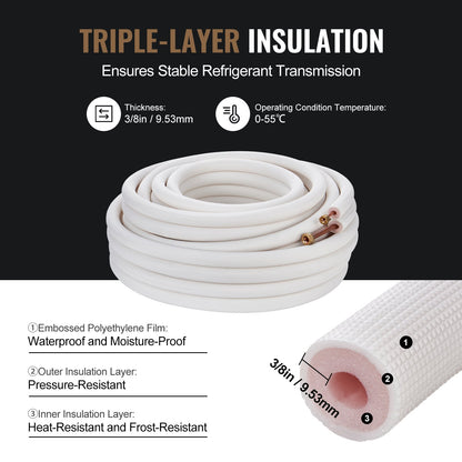 15240mm Mini Split Line Set, 6.4 &amp; 9.5mm OD Copper Pipe and Triple Layer Insulation, for Mini Split Air Conditioning Refrigerant or Heat Pump Equipment &amp; HVAC with Wrapping Strips.