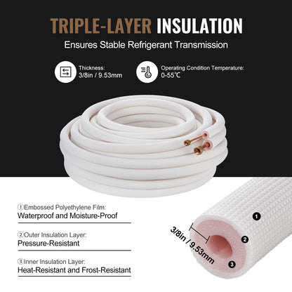 15240 mm Mini Split Line Set, 6,4 & 12,7 mm OD kopparrör och trippelskiktsisolering, för Mini Split Air Conditioning Köldmedium eller Värmepumputrustning & VVS med omslagsremsor.