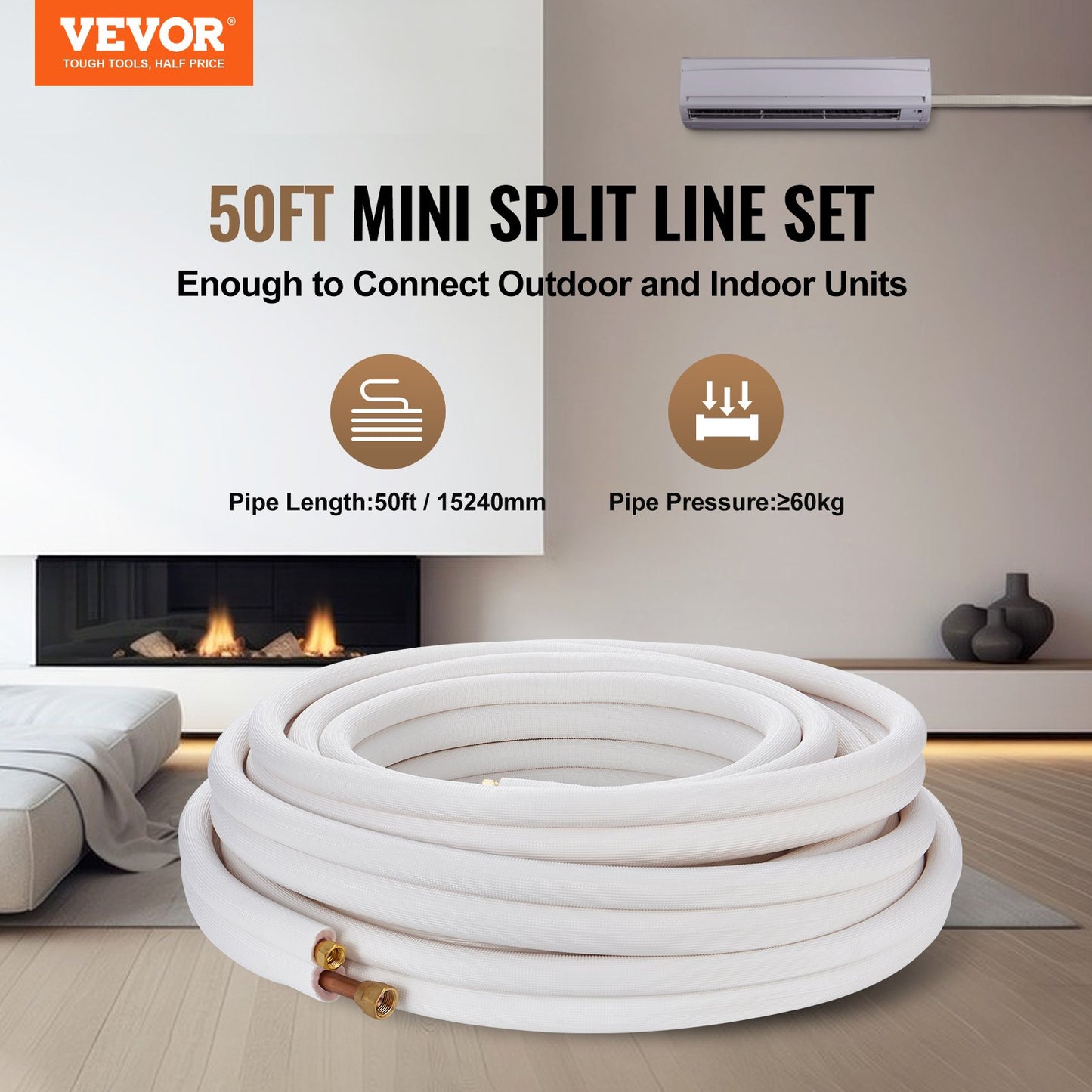 15240mm Mini Split Line Set, 9.5 &amp; 15.9mm OD Copper Pipe and Triple Layer Insulation, for Mini Split Air Conditioning Refrigerant or Heat Pump Equipment &amp; HVAC with Wrapping Strips.