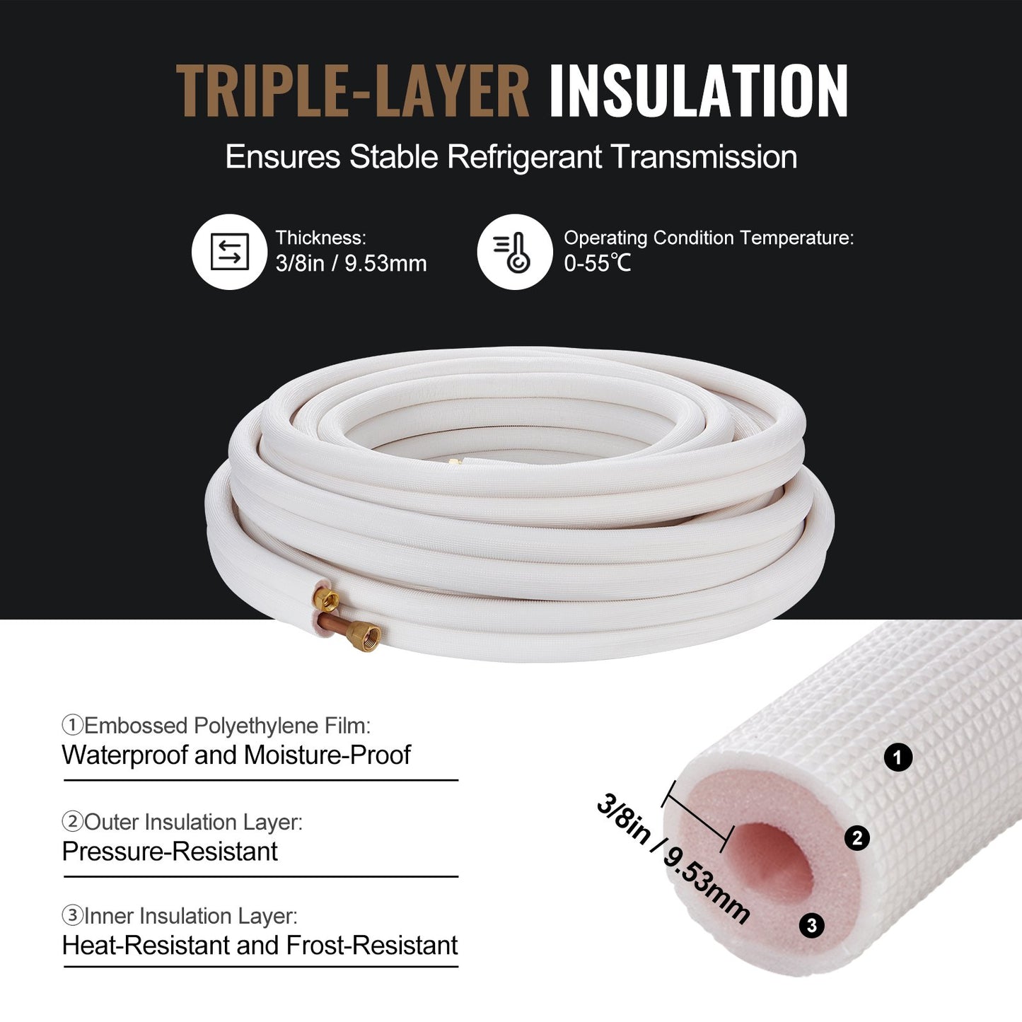 15240mm Mini Split Line Set, 9.5 &amp; 15.9mm OD Copper Pipe and Triple Layer Insulation, for Mini Split Air Conditioning Refrigerant or Heat Pump Equipment &amp; HVAC with Wrapping Strips.