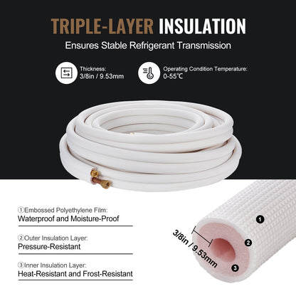 15240mm Mini Split Line Set, 9.5 &amp; 15.9mm OD Copper Pipe and Triple Layer Insulation, for Mini Split Air Conditioning Refrigerant or Heat Pump Equipment &amp; HVAC with Wrapping Strips.