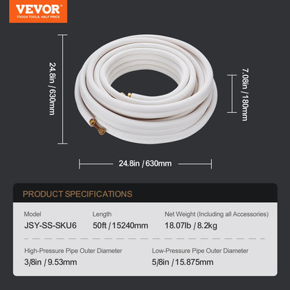 15240mm Mini Split Line Set, 9.5 &amp; 15.9mm OD Copper Pipe and Triple Layer Insulation, for Mini Split Air Conditioning Refrigerant or Heat Pump Equipment &amp; HVAC with Wrapping Strips.
