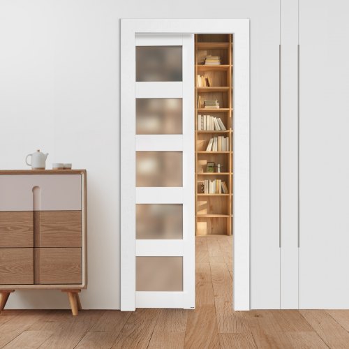 Skjutdörr i fickformat, 765 x 2035 mm, 5-liters enkel skjutdörr i frostat glas med beslag, robusta fickdörrar i massivt trä och MDF med vattentät yta för sovrum, kök, arbetsrum |  EU