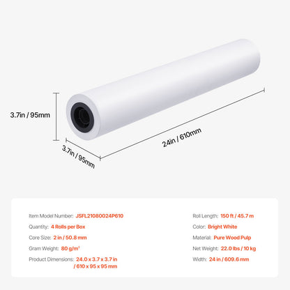 Bredformat pappersplotterpapper 4 rullar 24 tum x 150 fot CAD Bond-rullar