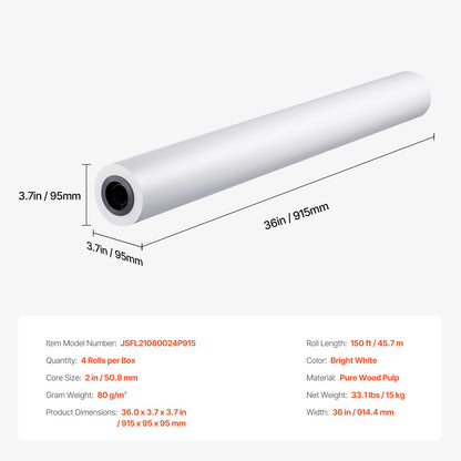 Bredformat pappersplotterpapper 4 rullar 36 tum x 150 fot CAD Bond-rullar